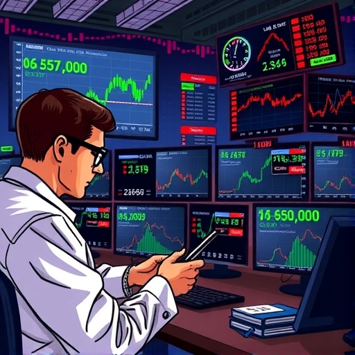 ห้องเทรด Forex ที่เต็มไปด้วยจอแสดงผลอัตราแลกเปลี่ยน
