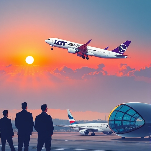 เครื่องบิน LOT Polish Airlines กำลังบินขึ้นภายใต้แสงพระอาทิตย์ตก