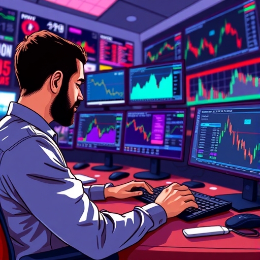 ห้องเทรด Forex ที่เต็มไปด้วยจอแสดงผลาสูตรEMA
