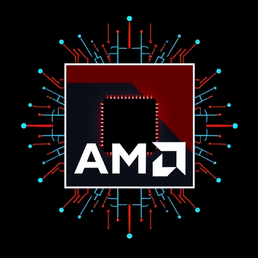 AMD โลโก้พร้อมกับองค์ประกอบด้านเทคโนโลยี AI