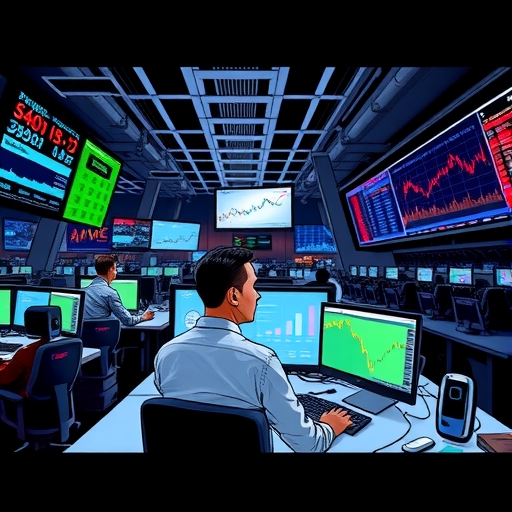 นักลงทุนกำลังวิเคราะห์ข้อมูลด้วยอัลกอริธึม AI ผ่านคอมพิวเตอร์