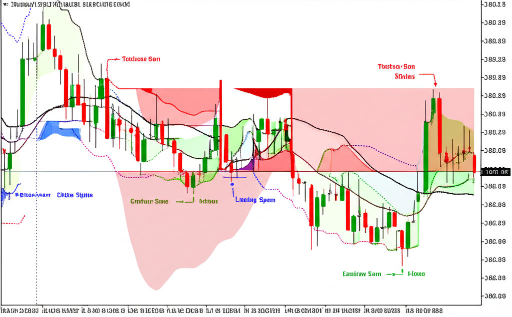 แผนภาพแสดงเส้นหลัก 5 เส้นของ Ichimoku Cloud ได้แก่ Tenkan-sen, Kijun-sen, Senkou Span A/B และ Chikou Span พร้อมก้อนเมฆ Kumo