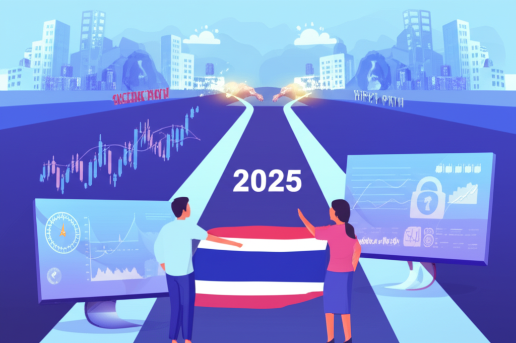 นักลงทุนชาวไทยกำลังศึกษากราฟ Forex บนหน้าจอดิจิทัล พร้อมทางเลือกที่ปลอดภัยและเสี่ยงแยกจากกันในพื้นหลัง สะท้อนการตัดสินใจอย่างรอบคอบสำหรับปี 2025