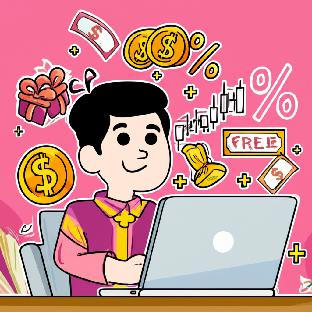 นักเทรดชาวไทยใช้แล็ปท็อปวิเคราะห์กราฟ Forex มีสัญลักษณ์โบนัสฟรีลอยอยู่รอบตัว