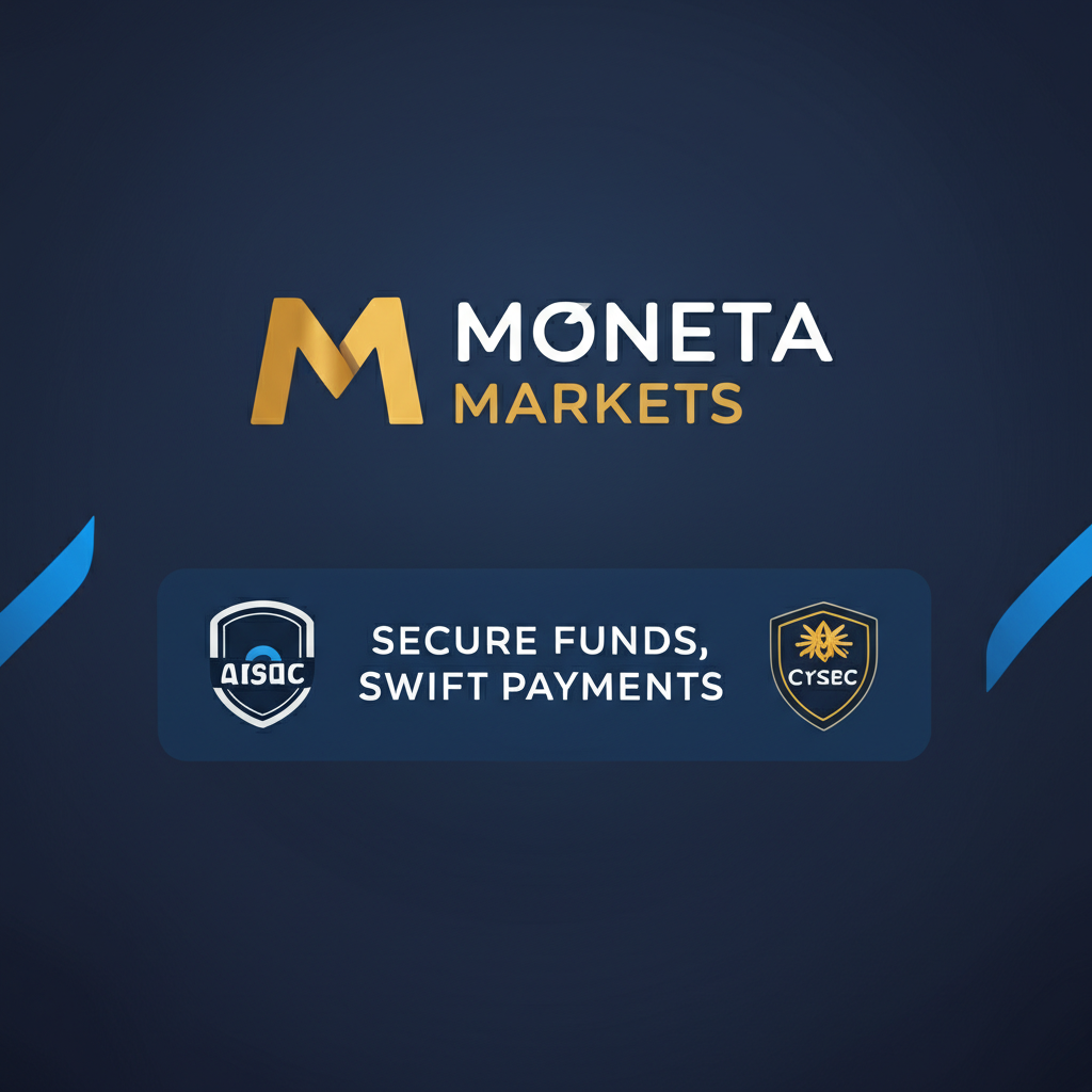 โลโก้ Moneta Markets พร้อมโล่รับรองจาก FCA และ CySEC ความปลอดภัยของเงินทุน การทำธุรกรรมที่รวดเร็ว