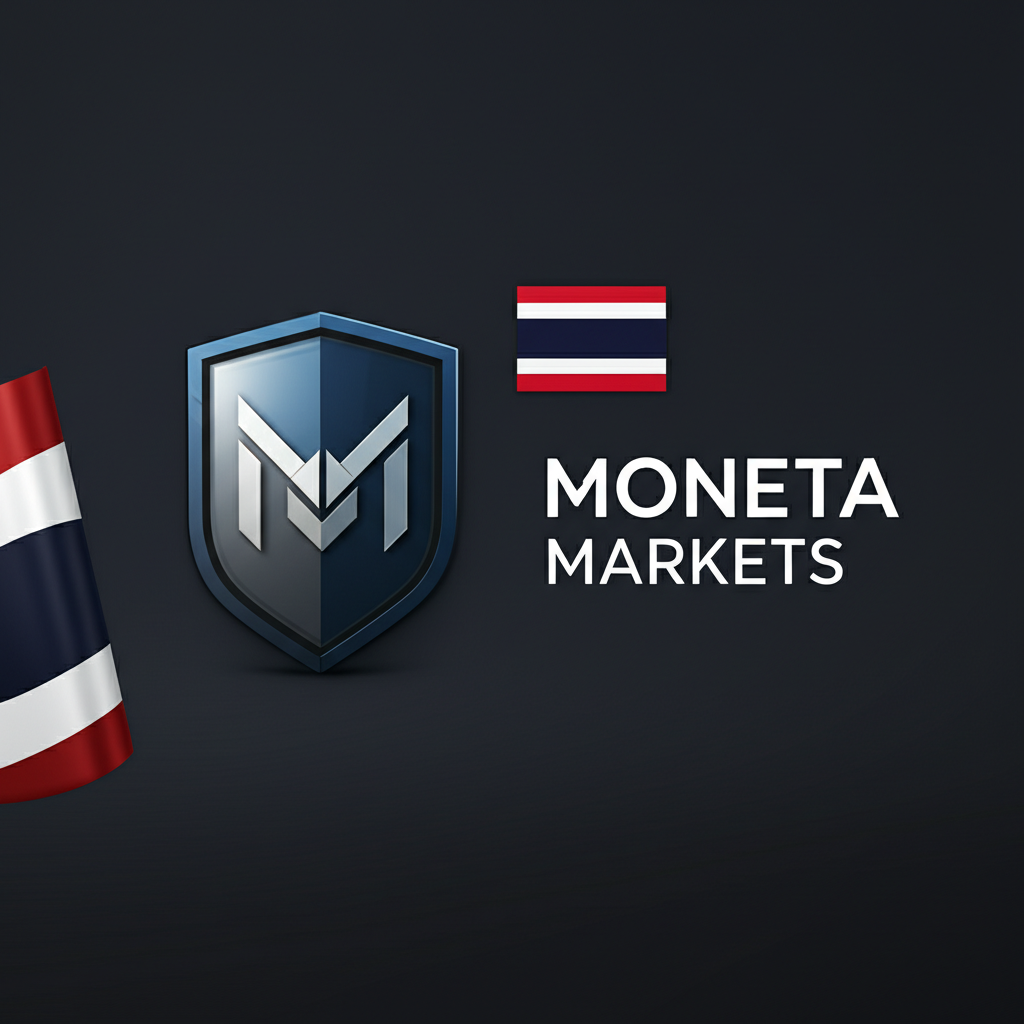 โลโก้ Moneta Markets พร้อมไอคอนโล่ที่แสดงถึงความปลอดภัยและการกำกับดูแล และธงชาติไทย แสดงถึงความน่าเชื่อถือสำหรับเทรดเดอร์ไทย