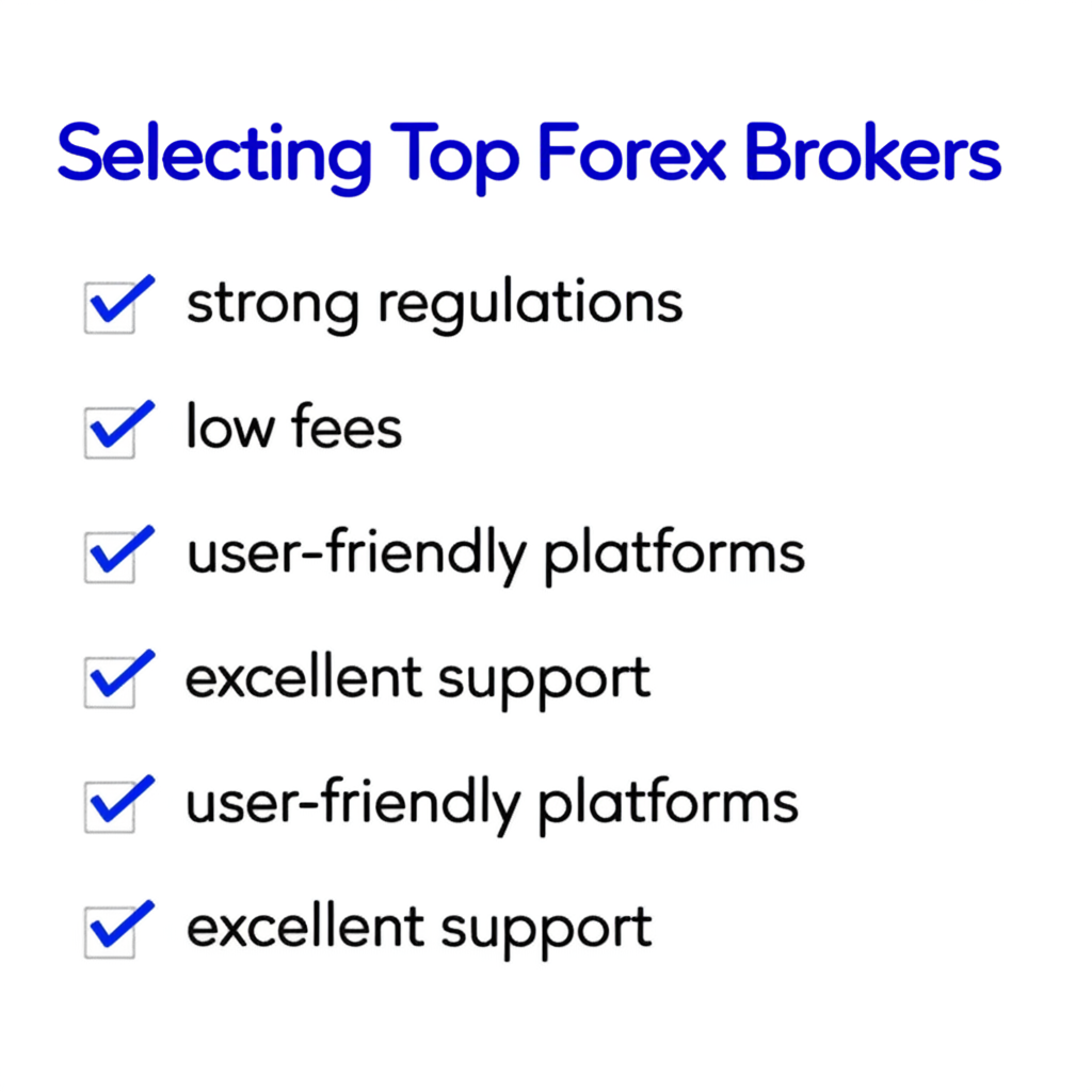 รายการตรวจสอบสำหรับเลือกโบรกเกอร์ Forex ชั้นนำ ประกอบด้วย กฎระเบียบที่เข้มงวด ค่าธรรมเนียมต่ำ แพลตฟอร์มใช้งานง่าย และบริการลูกค้าที่ยอดเยี่ยม