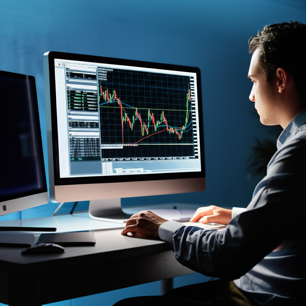 เทรดเดอร์กำลังวิเคราะห์แพลตฟอร์ม MetaTrader 5 บนหน้าจอคอมพิวเตอร์