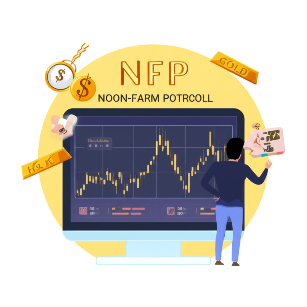 นักลงทุนชาวไทยวิเคราะห์ข้อมูล NFP บนหน้าจอมอนิเตอร์ พร้อมกราฟการเคลื่อนไหวของคู่เงิน Forex และราคาทองคำ