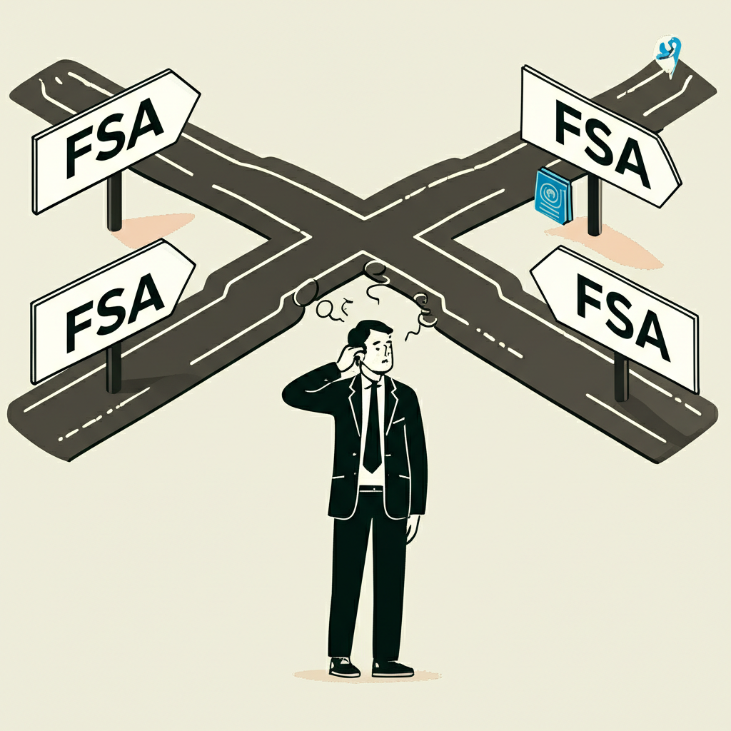 ภาพประกอบ: บุคคลสับสนกับเส้นทางหลายเส้น แต่ละเส้นมีป้ายเขียนว่า 'FSA' พร้อมความหมายต่างกัน