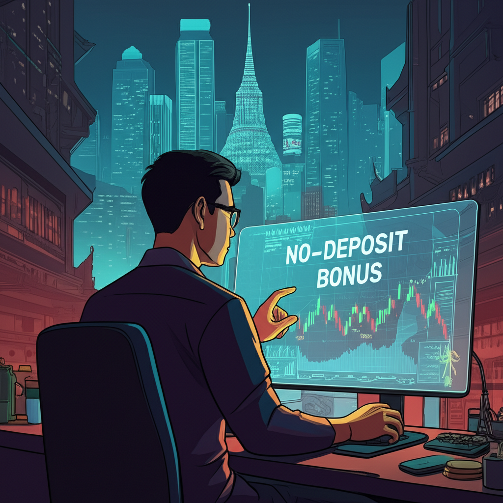 นักเทรดชาวไทยกำลังวิเคราะห์กราฟ Forex พร้อมข้อความ 'โบนัสไม่ต้องฝาก' พื้นหลังเป็นกรุงเทพฯ ในอนาคตปี 2025 แบบภาพประกอบ