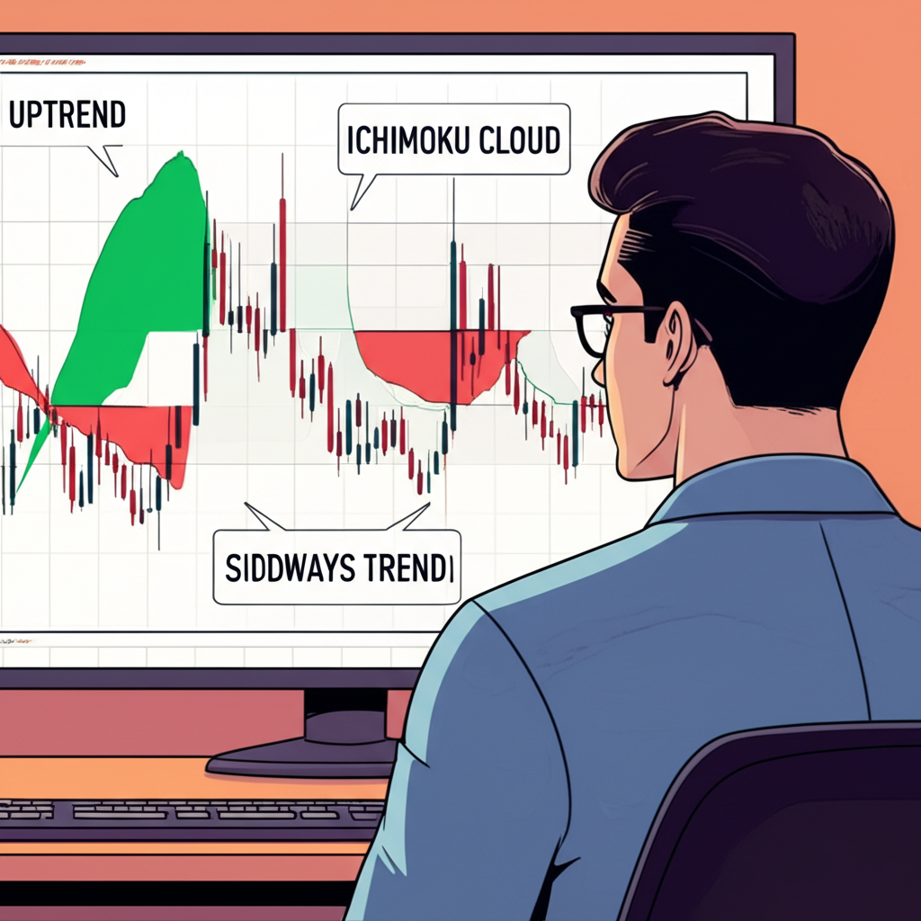 เทรดเดอร์กำลังวิเคราะห์กราฟ Ichimoku Cloud ที่แสดงแนวโน้มขาขึ้น ขาลง และการเคลื่อนที่แบบไซด์เวย์