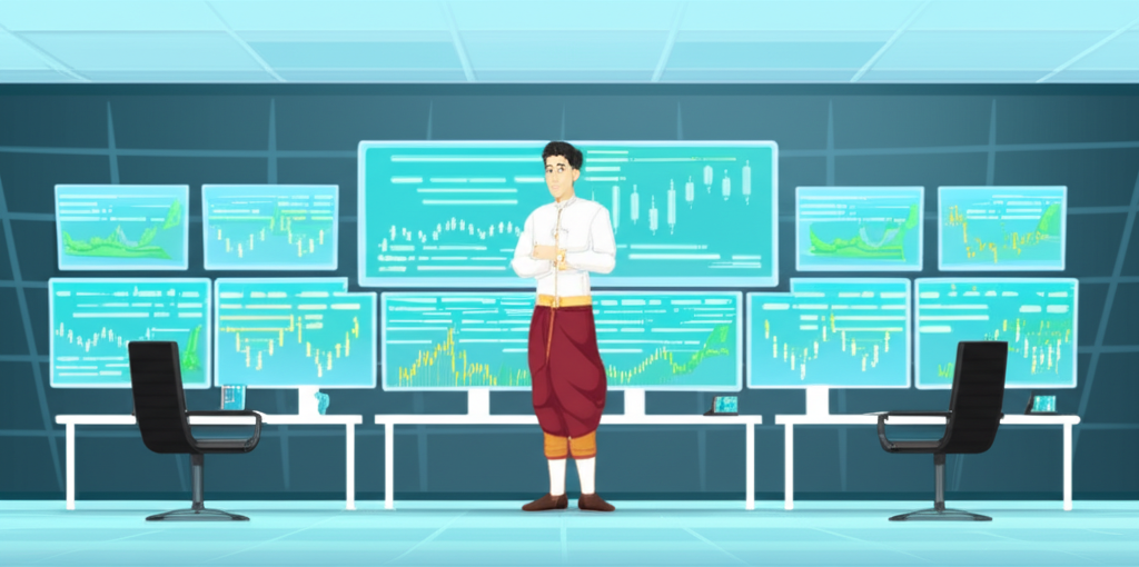 นักเทรดชาวไทยมืออาชีพกำลังวิเคราะห์กราฟ Forex บนหน้าจอมากมาย แสดงถึงความสำเร็จและความมั่นคงในการเทรด