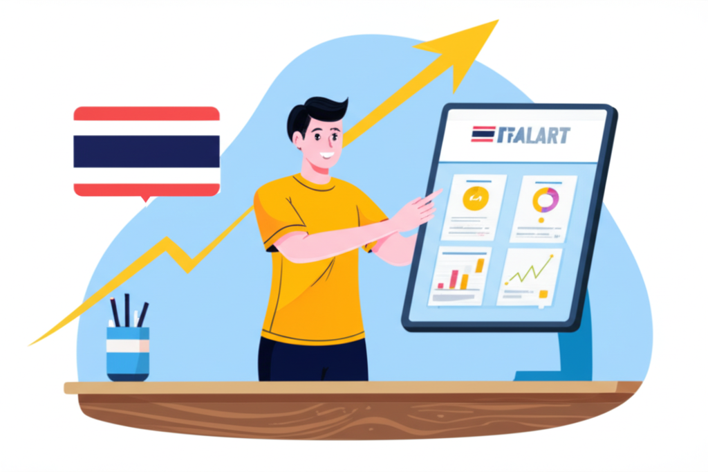 นักเทรดชาวไทยกำลังเลือกโบรกเกอร์ฟอเร็กซ์ชั้นนำบนแท็บเล็ต พร้อมกราฟการเติบโตและองค์ประกอบธงชาติไทย