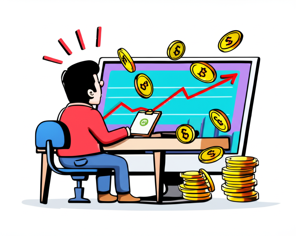 นักเทรดชาวไทยกำลังบริหารการเงินด้วยความสุข เหรียญลอยออกมาจากกราฟ Forex สื่อถึงรีเบทที่ได้รับ