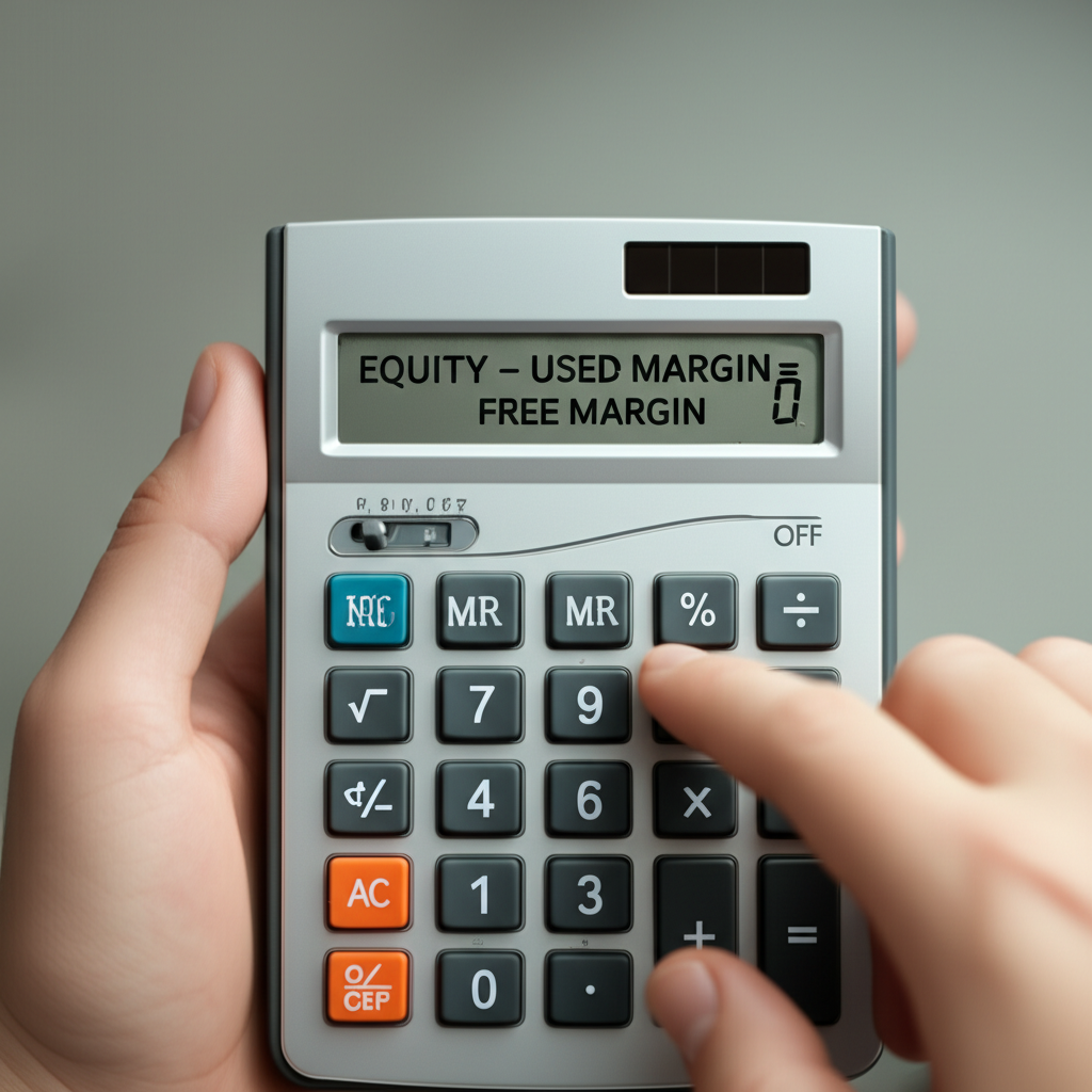 ภาพประกอบเครื่องคิดเลขที่แสดงสูตร Equity - Used Margin = Free Margin พร้อมบุคคลที่กำลังคำนวณ