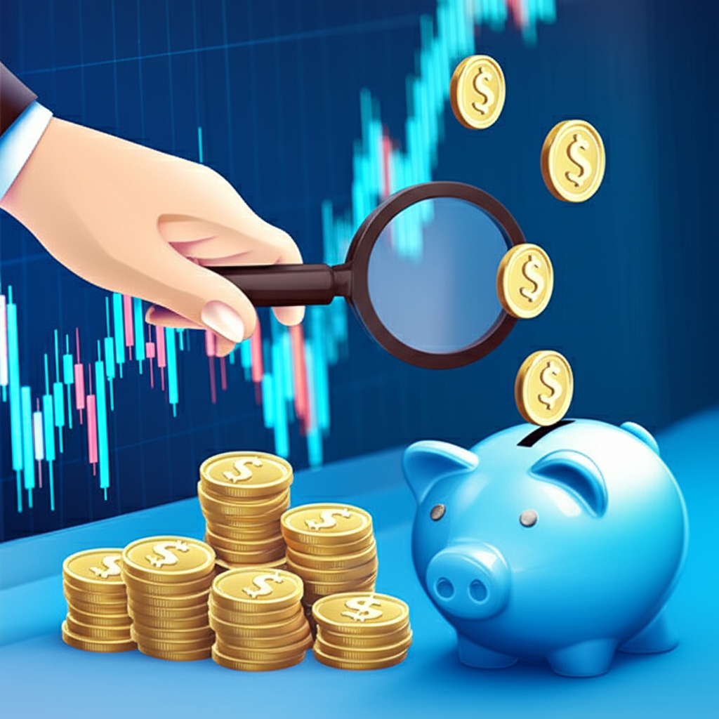 มือถือแว่นขยายส่องแผนภูมิ Forex พร้อมกับเหรียญไหลลงสู่กระปุกออมสิน แสดงถึงการวิเคราะห์และสะสมผลตอบแทนจากการเทรด