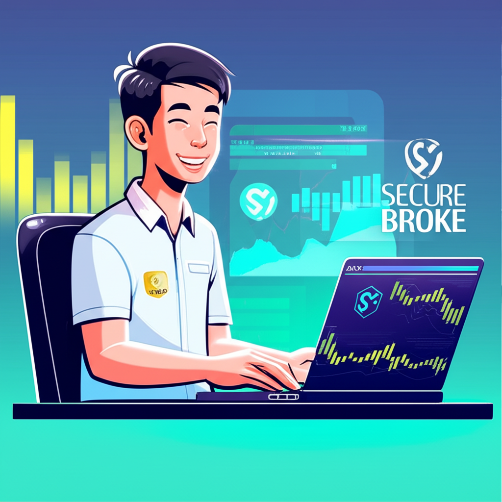 นักศึกษาชาวไทยกำลังเทรด Forex อย่างมั่นใจบนแล็ปท็อป พร้อมกราฟและโลโก้โบรกเกอร์ที่ปลอดภัย