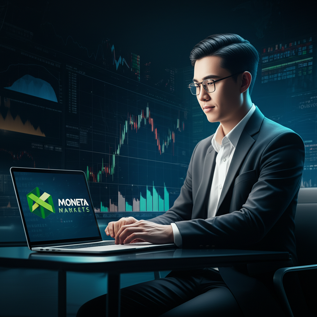 นักเทรดชาวไทยมั่นใจกับแล็ปท็อป โลโก้ Moneta Markets พื้นหลังตลาด Forex แบบอนาคต