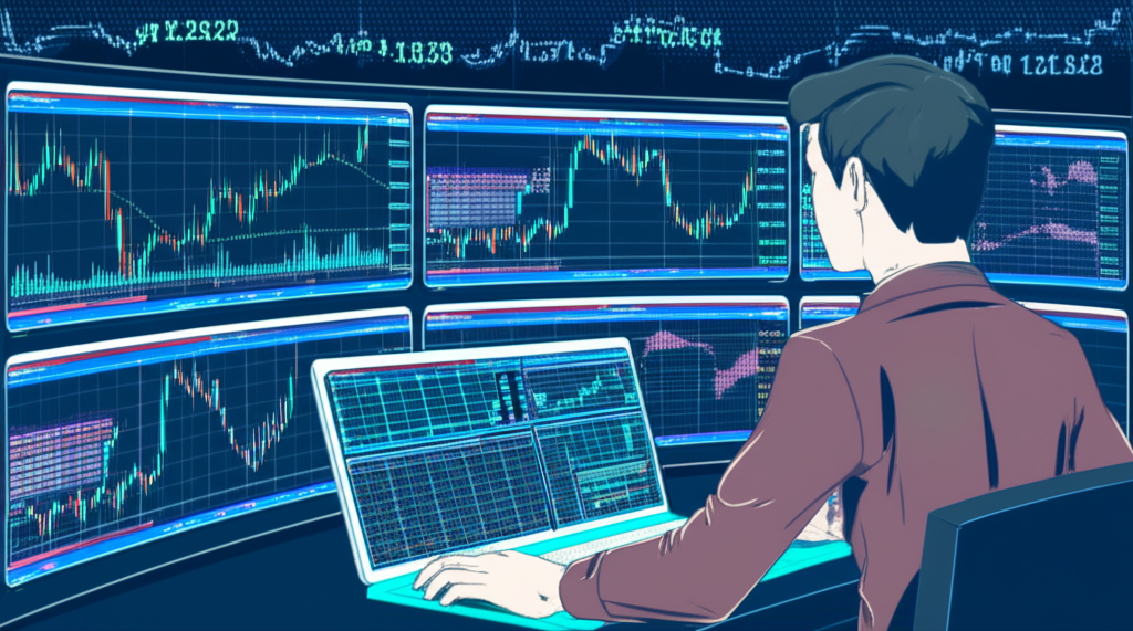 ภาพประกอบนักเทรดชาวไทยกำลังวิเคราะห์กราฟ Forex บนหน้าจอหลายเครื่อง พร้อมข้อมูลตลาดโลกในพื้นหลัง ดีไซน์ทันสมัย สไตล์ดิจิทัล
