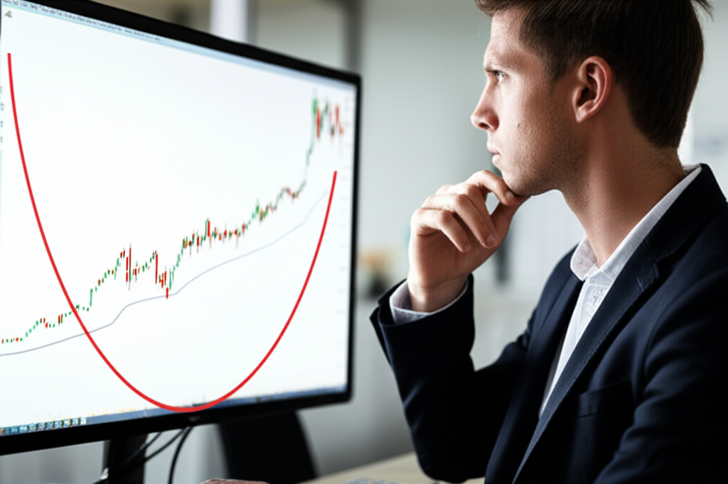 Investor analyzing Cup and Handle pattern แสดงนักวิเคราะห์ที่กำลังศึกษากราฟหุ้นแบบถ้วยและหูจับ
