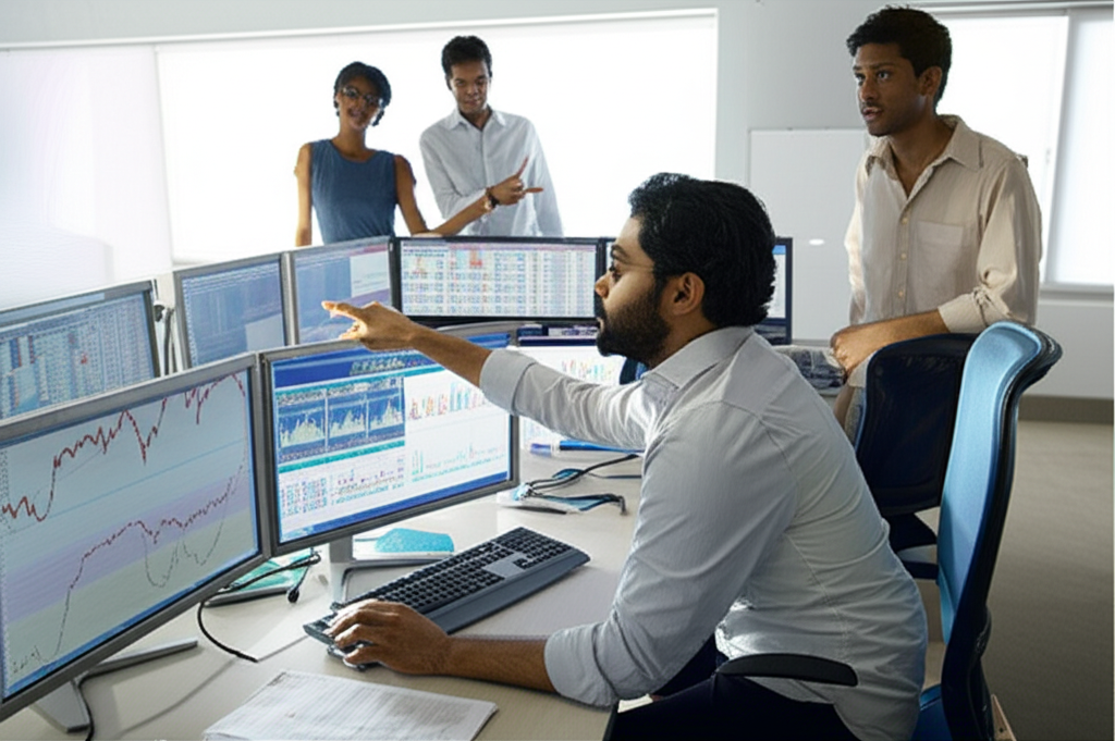 traders analyzing chart patterns in a modern office