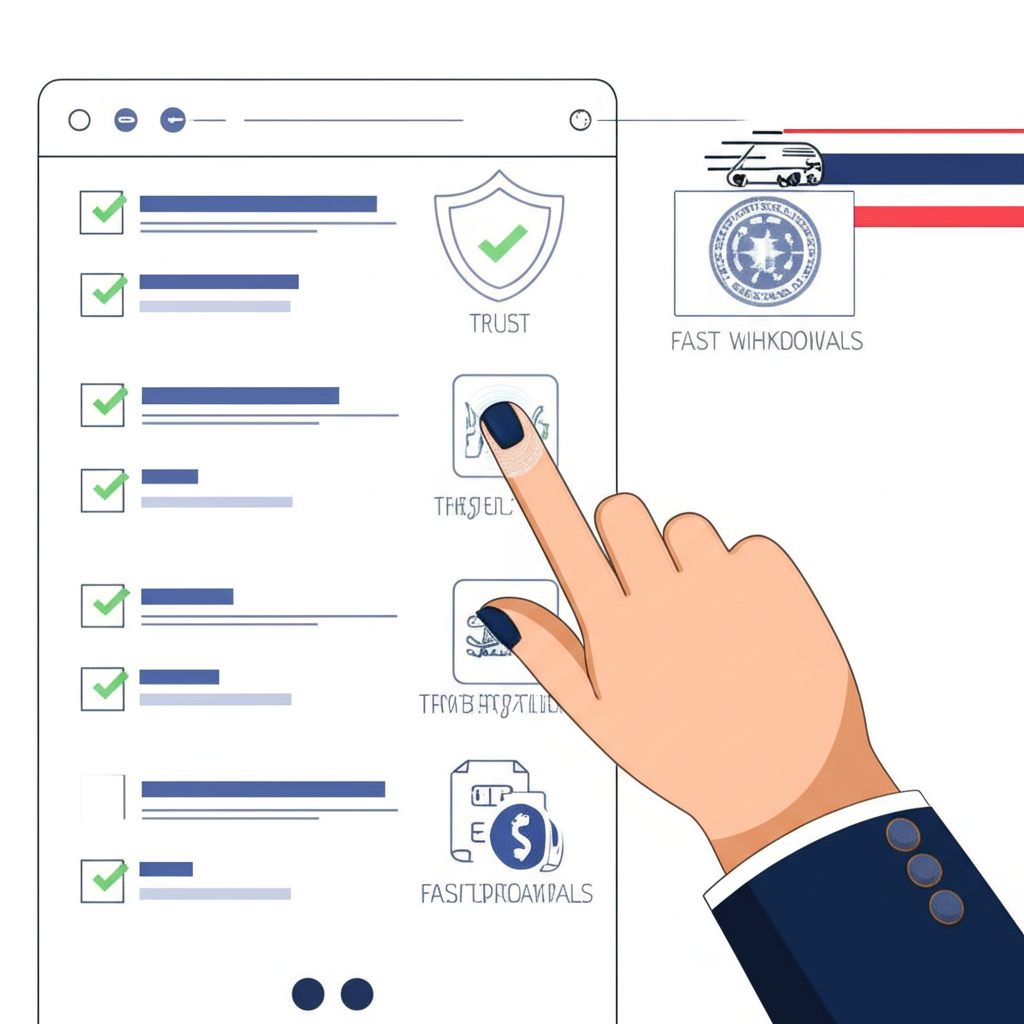 มือของนักเทรดกำลังเลือกโบรกเกอร์ Forex จากรายการต่างๆ โดยเน้นย้ำเรื่องความน่าเชื่อถือ การกำกับดูแล และการถอนเงินที่รวดเร็ว