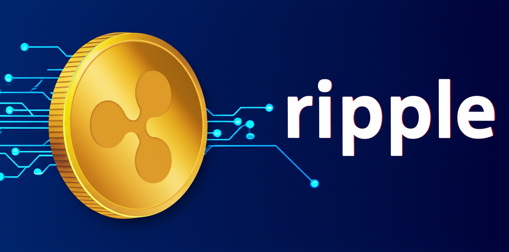 ตัวแทนสองสิ่งที่ต่างกัน เหรียญ XRP สีสันสดใส และโลโก้บริษัท Ripple เชื่อมโยงกันด้วยเส้นดิจิทัลบางๆ