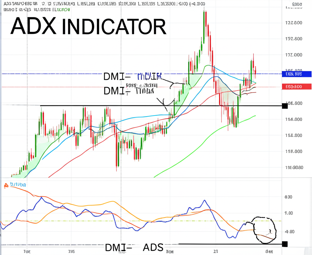 ภาพประกอบ ADX พร้อม DMI+ และ DMI- บนกราฟแสดงการวิเคราะห์ทิศทางและแรงของแนวโน้ม