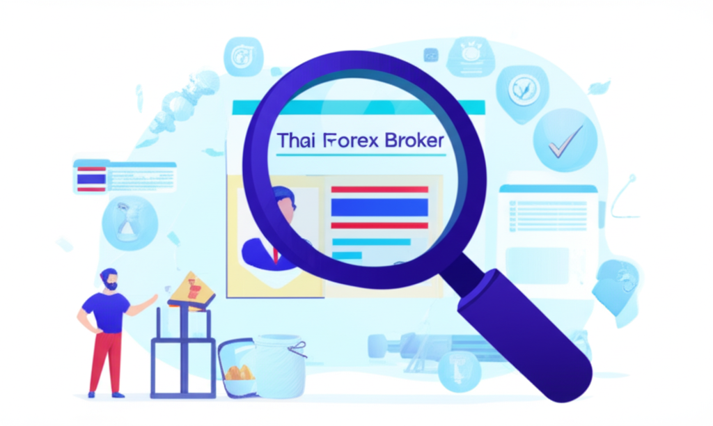 นักเทรดชาวไทยตรวจสอบตัวเลือกโบรกเกอร์ Forex ที่น่าเชื่อถือ ใช้แว่นขยายดูใบอนุญาต สัญลักษณ์ความปลอดภัย