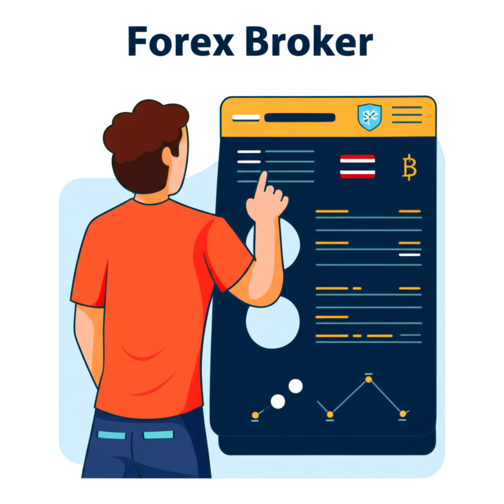 ชายชาวไทยกำลังเปรียบเทียบโบรกเกอร์ Forex บนหน้าจอมือถือ มีไอคอนแสดงการกำกับดูแล สเปรดต่ำ และช่องทางการชำระเงินในท้องถิ่น