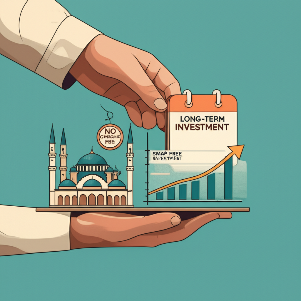An illustration of a person holding a calendar with a no overnight fee sign next to a mosque and a long-term investment chart representing swap free forex accounts