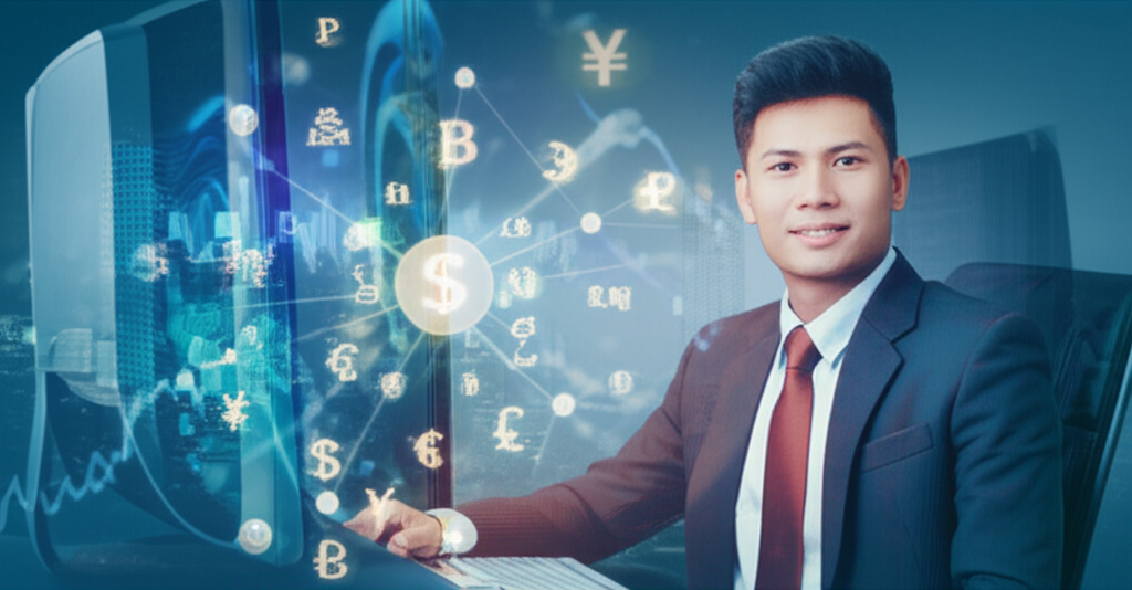 illustration of a Thai investor confidently trading forex on a computer global currency symbols profit potential