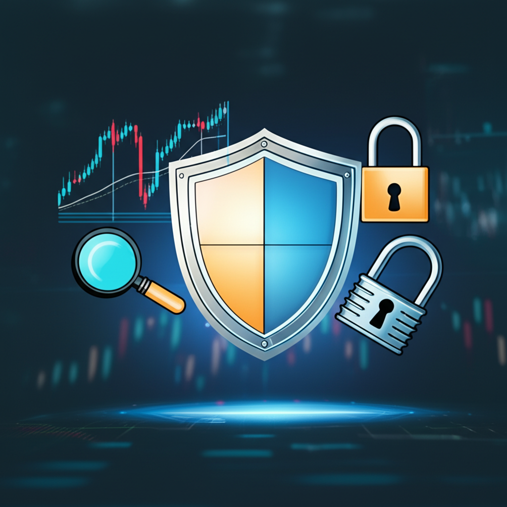 ไอคอนแสดงปัจจัยสำคัญในการเลือกโบรกเกอร์ Forex เช่น โล่สำหรับการกำกับดูแล เงินฝากปลอดภัย และเครื่องมือการเทรด
