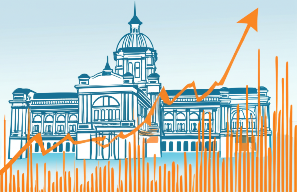 ภาพประกอบอาคารรัฐสภาของไทยและกราฟตลาดหุ้น สื่อถึงการเมืองและเศรษฐกิจ