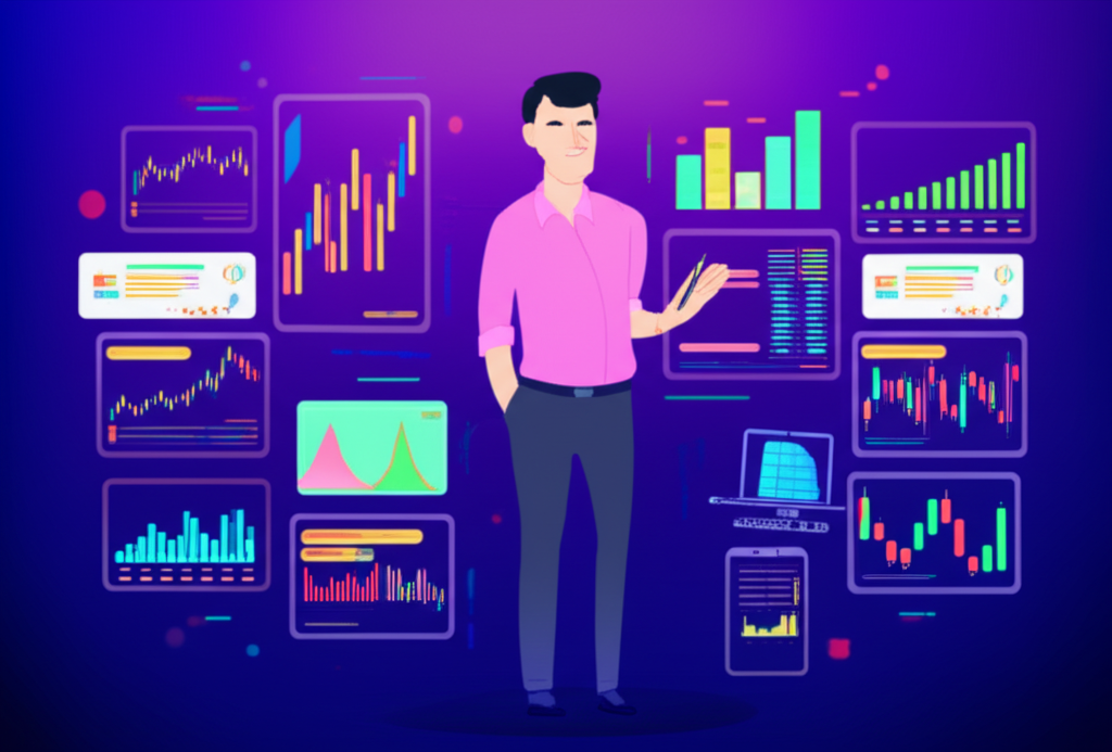 Thai trader confidently navigating a digital forex market with a reliable broker guide illustration