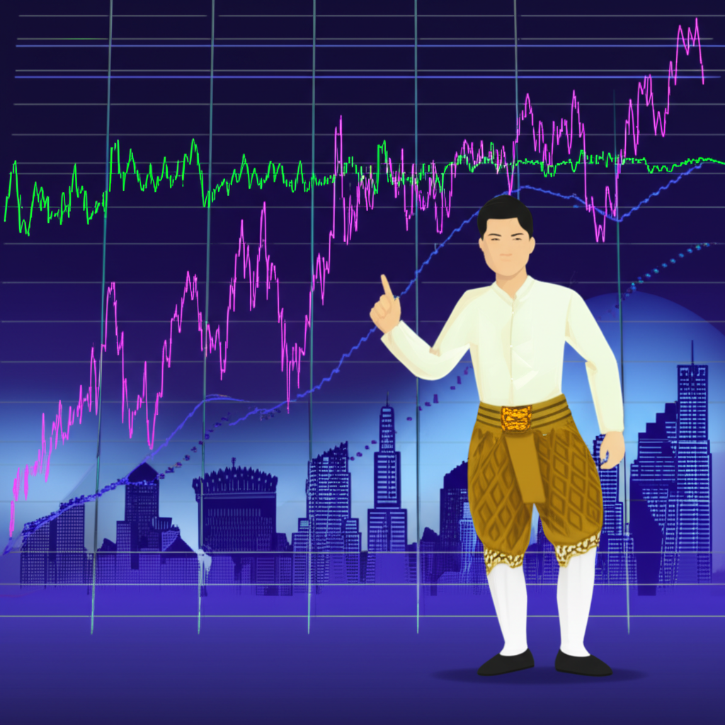 A Thai trader confidently navigating a digital forex market chart illustration