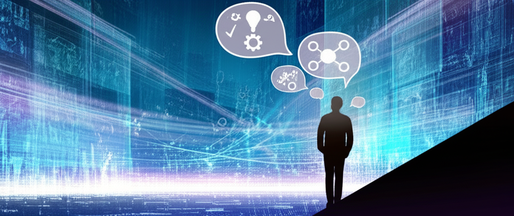 ภาพประกอบบุคคลมองอนาคตที่เปลี่ยนแปลงรวดเร็วพร้อมฟองความคิดเกี่ยวกับการตัดสินใจฉลาดและกลยุทธ์