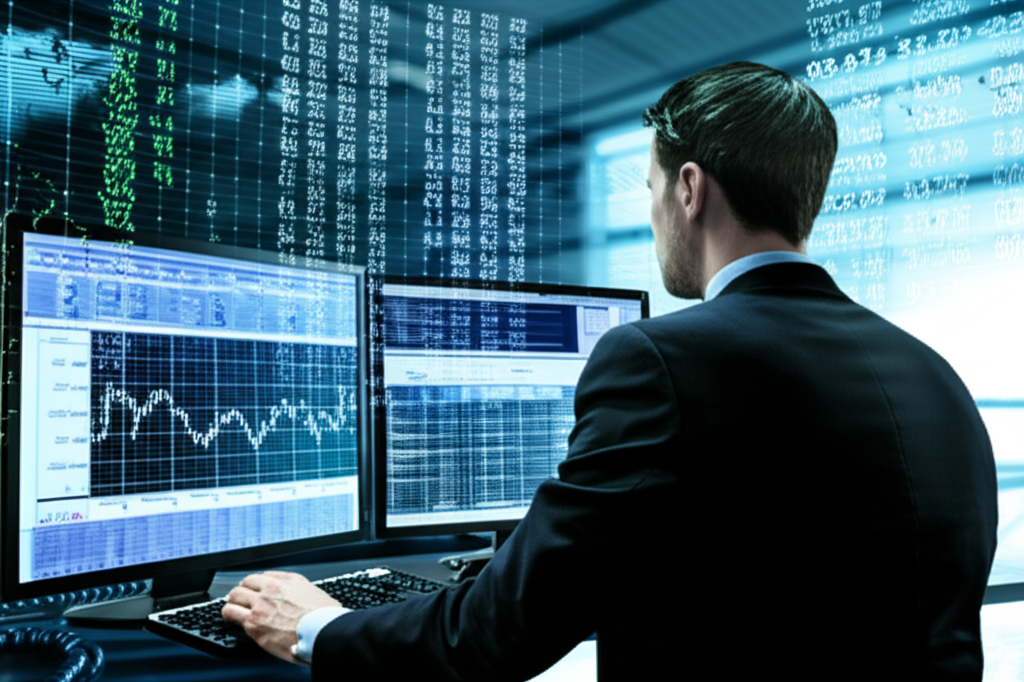 Global forex trader looking at a screen full of financial data and charts illustration