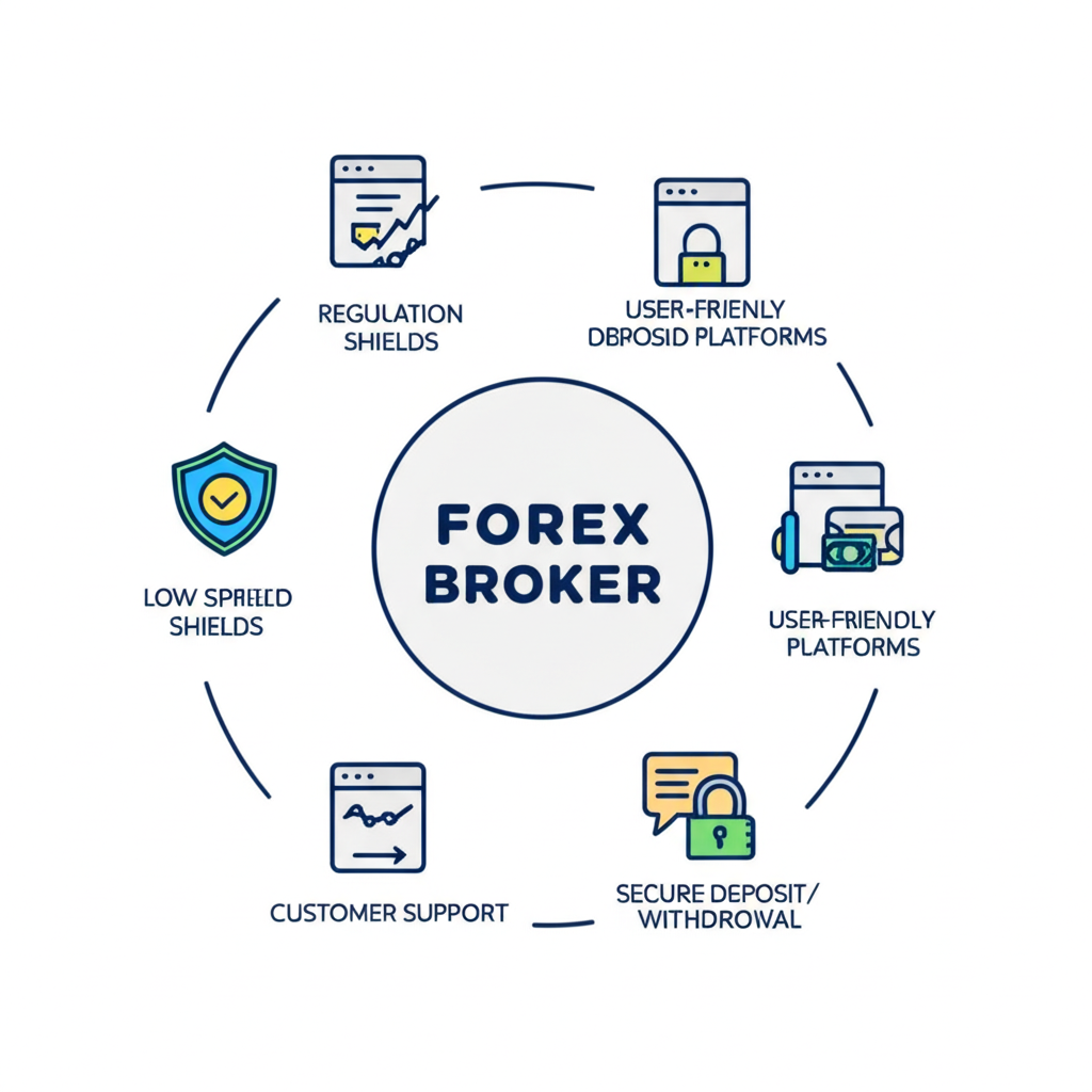 ภาพประกอบเกณฑ์การเลือกโบรกเกอร์ Forex แสดงการกำกับดูแล การสเปรดต่ำ แพลตฟอร์มที่ใช้งานง่าย การสนับสนุนลูกค้า และไอคอนการฝาก-ถอนเงินที่ปลอดภัย