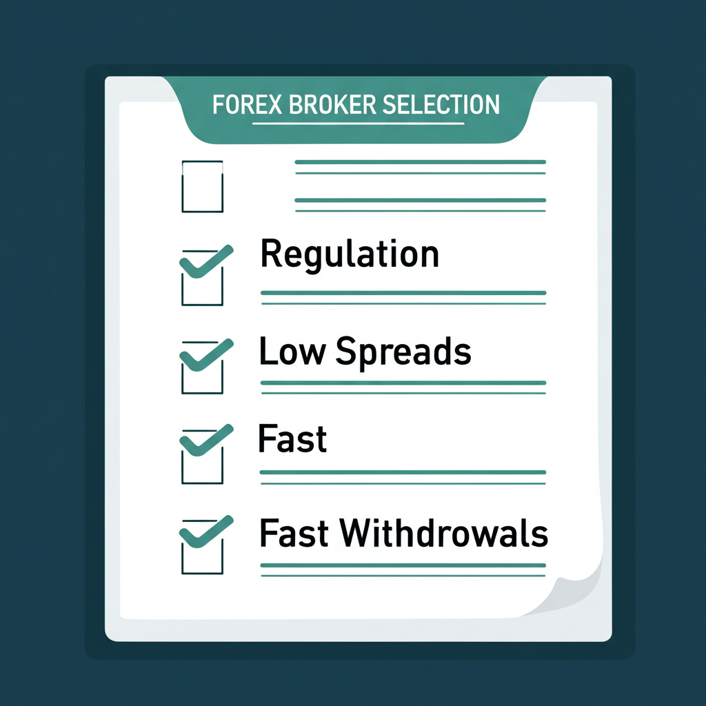 An illustration of a checklist for forex broker selection featuring regulation low spreads and fast withdrawals