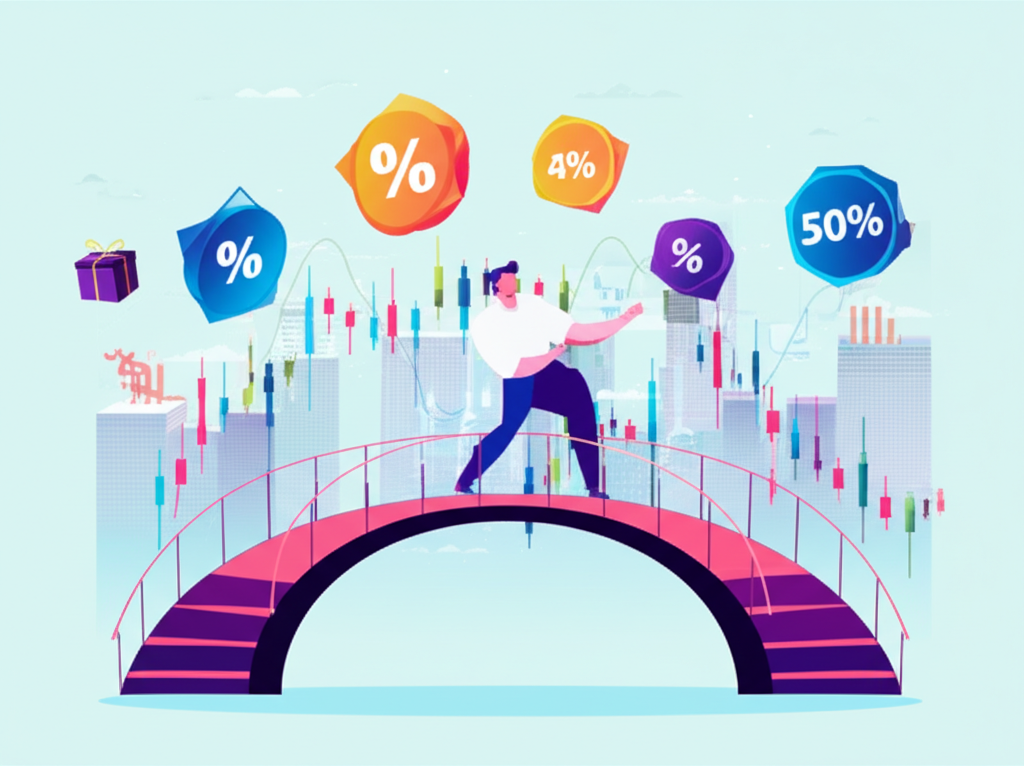 Illustration of a bridge linking a trader to the forex market surrounded by various bonus types