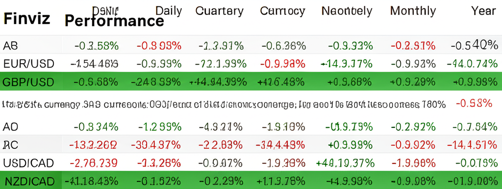 Illustration of Finviz Forex performance dashboard showing percentage changes for major currency pairs over various timeframes
