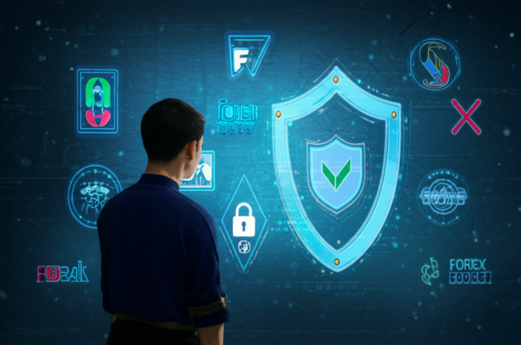 Thai trader examining forex broker logos with security and scam indicators