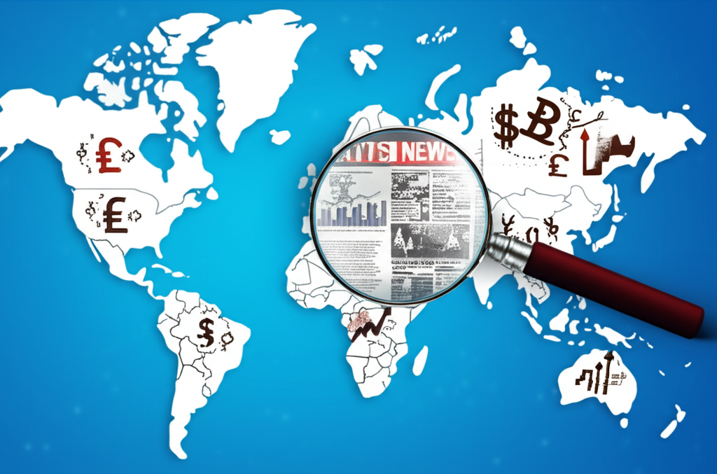 Magnifying glass over a world map showing economic news and currency movements illustration