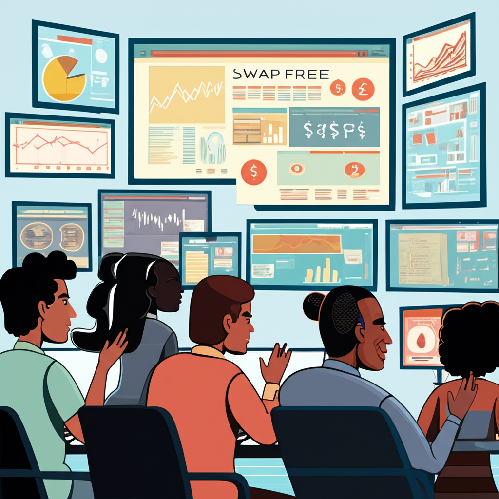 An illustration of a diverse group of traders in Thailand looking at screens with charts and currency symbols focusing on swap free forex brokers in 2025