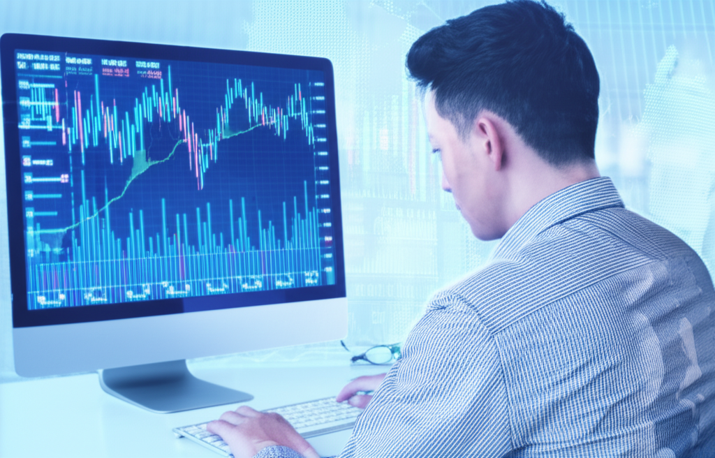 illustration a person confidently trading forex on a computer with global market charts in the background