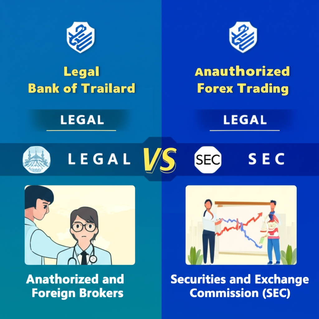 เปรียบเทียบการเทรด Forex ที่ถูกกฎหมายผ่านสถาบันการเงินที่ได้รับอนุญาต กับการเทรดผ่านโบรกเกอร์ต่างประเทศที่ไม่ได้รับอนุญาต พร้อมโลโก้ธนาคารแห่งประเทศไทยและสำนักงาน ก.ล.ต.