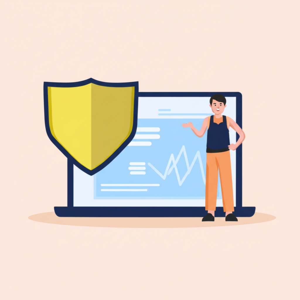 An illustration of a secure digital trading platform with a shield icon and a helpful guide next to a Thai trader