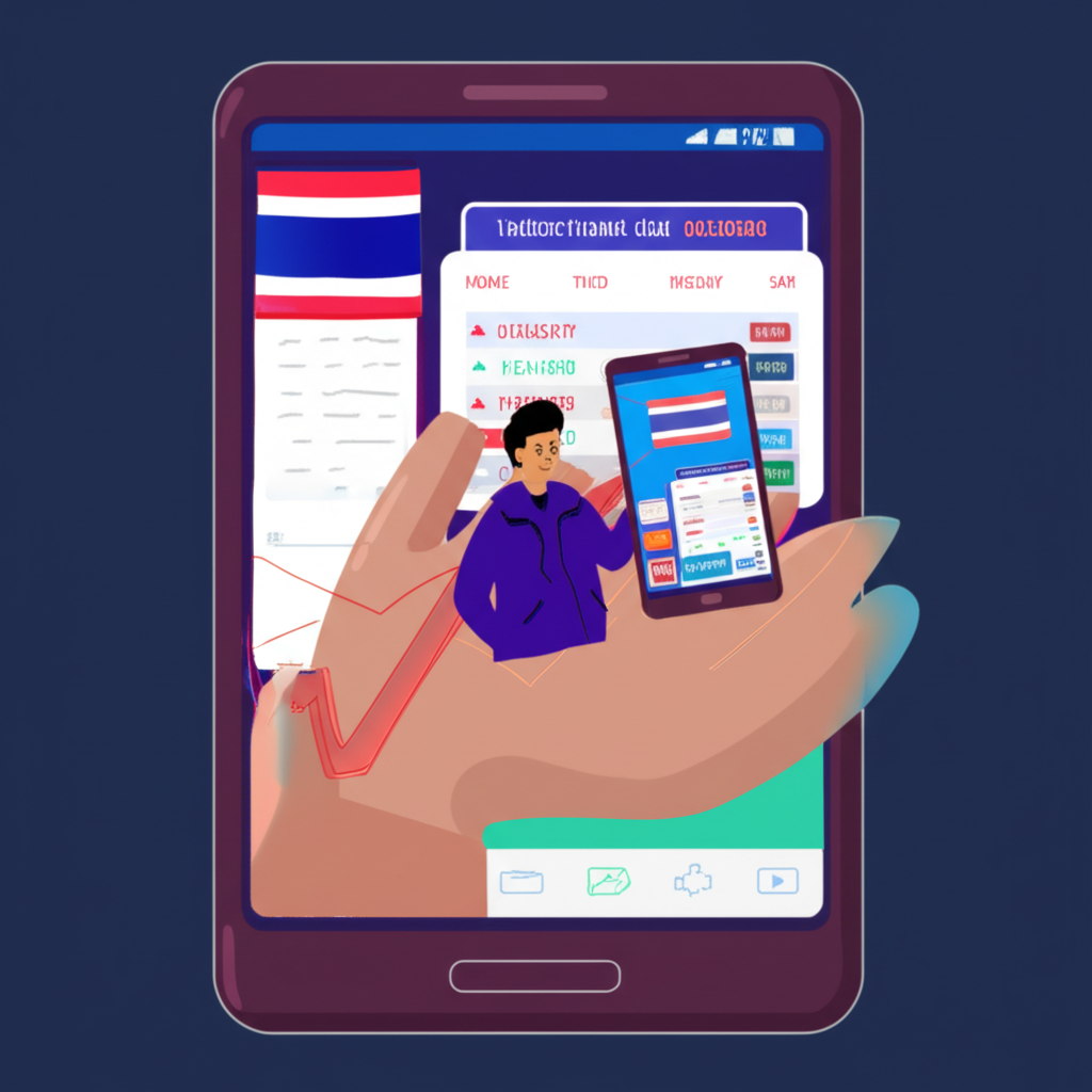 An illustration of a successful Thai forex trader using a mobile app with a news calendar feature overseeing a growing investment chart